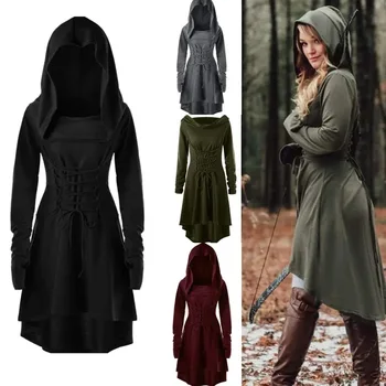 Costumi da Arciere Medievale Rinascimentale, Abito con Cappuccio e Lacci, Vestito Lungo con Cappuccio, Mantello per Feste di Halloween