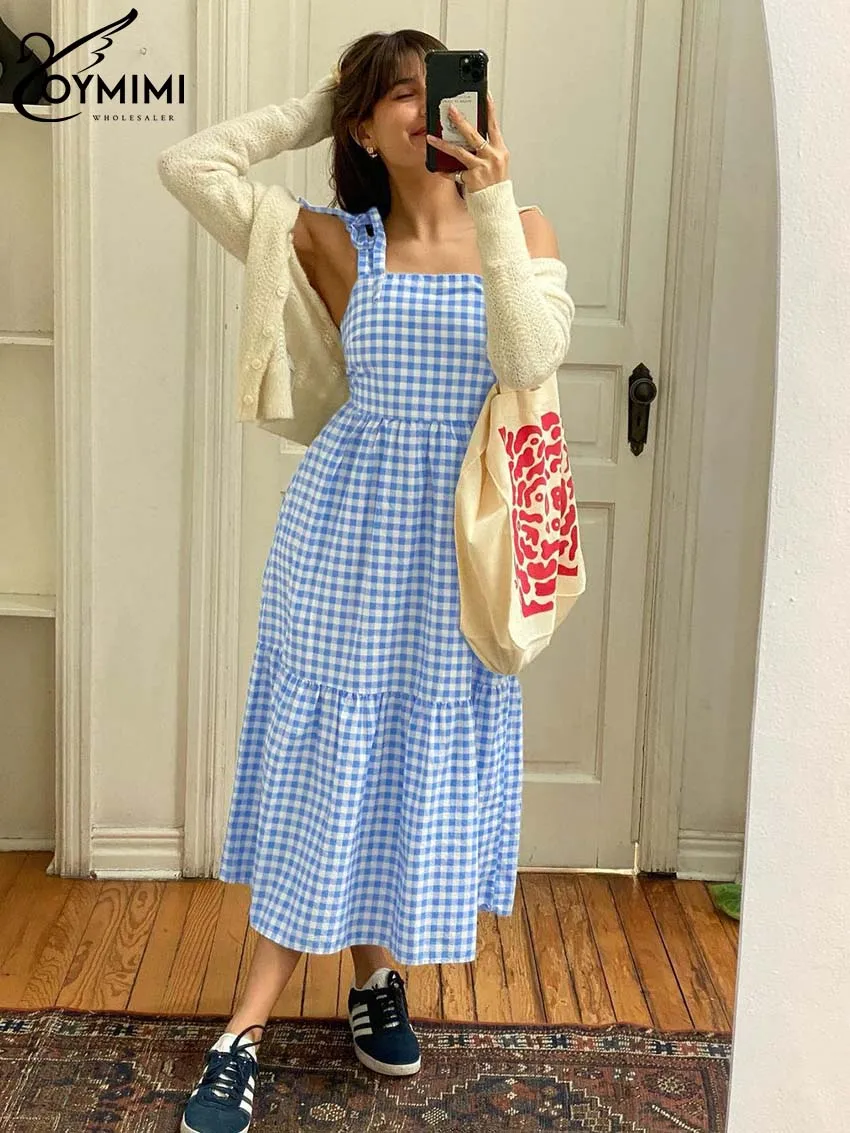 

Oymimi Fashion Blue Plaid Print Womens Dresses Elegant Spaghetti Strap Square Neck Dresses Summer Casual Loose Mid-Calf Dress