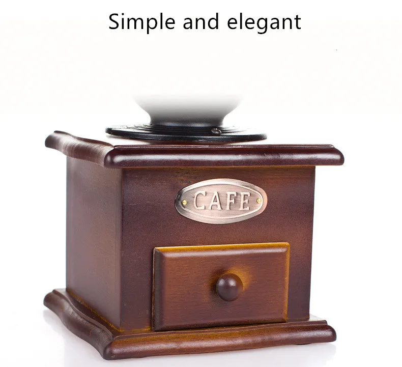 Se84b82d65c45467cba2d3fd6c67d4a46J Deep Colour Wood Manual Coffee Grinder Manual Cast Iron Vintage Handmade Coffee Bean Spices Mini Burr Grinder Kitchen Tools