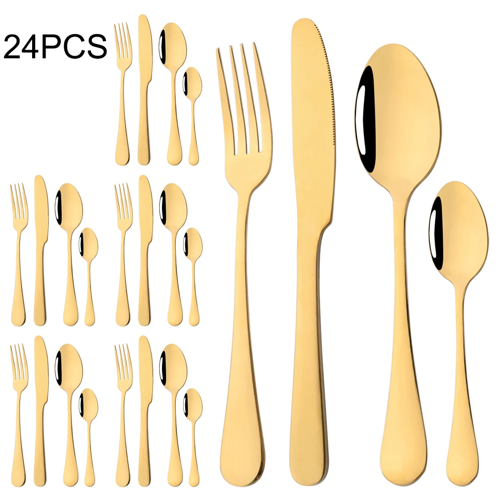 

24Pcs Gold Dinnerware Set Knife Fork Teaspoon Cutlery Set Mirror Stainless Steel Tableware Western Flatware Kitchen Silverware