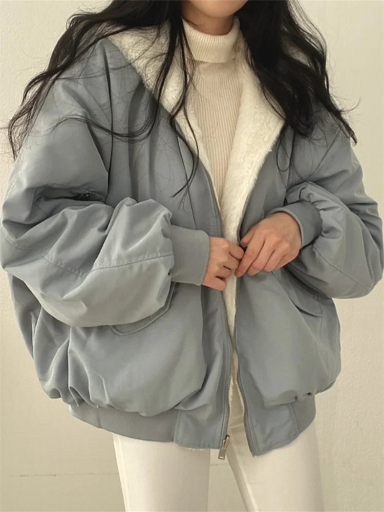 Winter Thicken Warm Parkas Women  Kawaii Double Sided Hooded Coat Ladies Korean Fashion Casual Loose Zip Up Jackets loose parkas women 2021 new plus velet winter coat casual loose cotton midi jackets fashion korean style warm coats y469