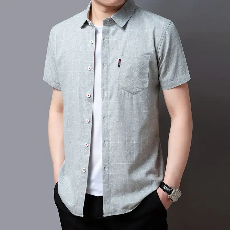 Men's Clothes Free Shipping Plaid Striped Short Sleeve Pockets Blouse Lapel Casual Summer Loose Fashion Vintage Shirt Tops