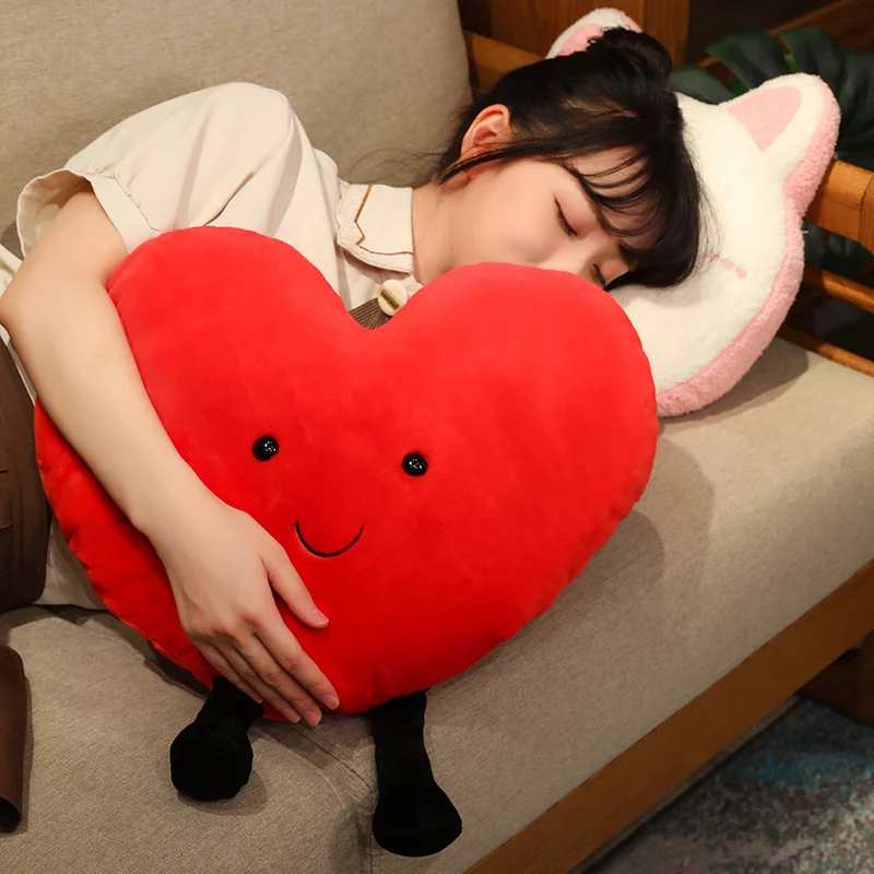 40cm Reversible Red Heart Plush Pillow with Legs Stuffed Blue Pink Cat Face Shaped Clock Flip Plushie Present 4