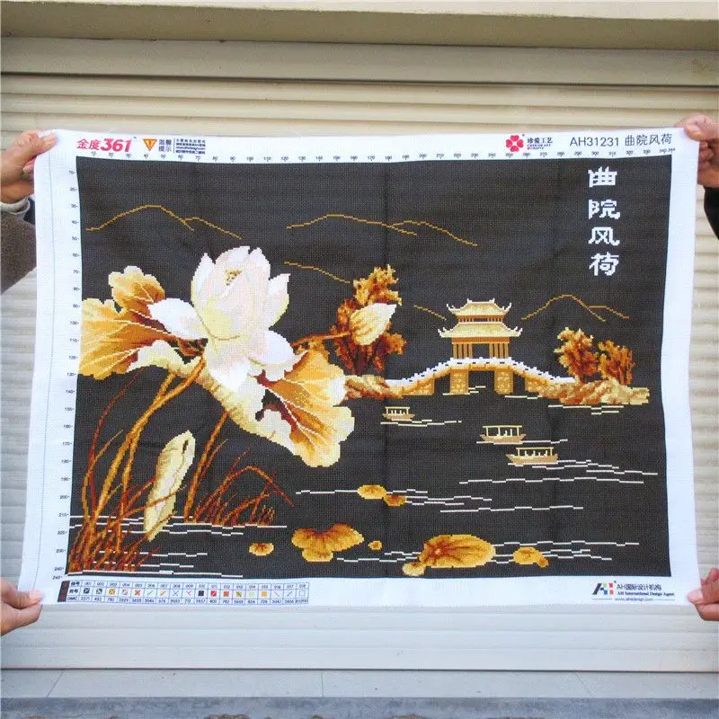 Ailuo 3D Ручная вышивка крестом готовая Quyuan Fenghe Lotus маленькая ресторанная обеденная зала Висячие картины вышитые для