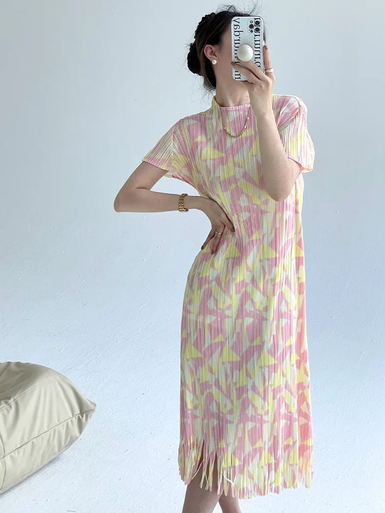

women summer fashion fringe short-sleeved print Pleated dress