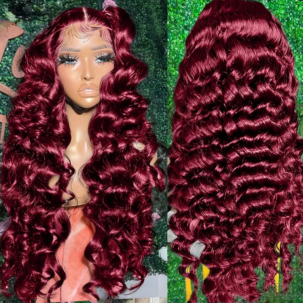 200 Density 13x4 99J Burgundy Lace Front Wig Red Wine 34 Inch Deep Wave Brazilian HD Glueless Lace Frontal Human Hair Wigs 3