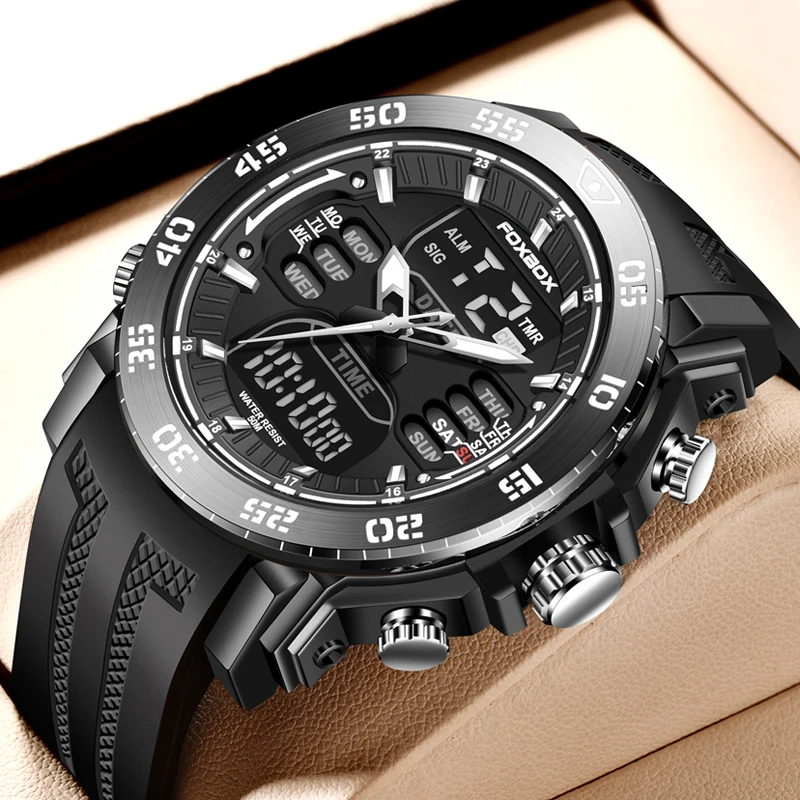 FOXBOX Mens Watches Sports Top Brand Luxury Dual Display Quartz Watch Men Military Waterproof Clock Digital Electronic Watch+Box 