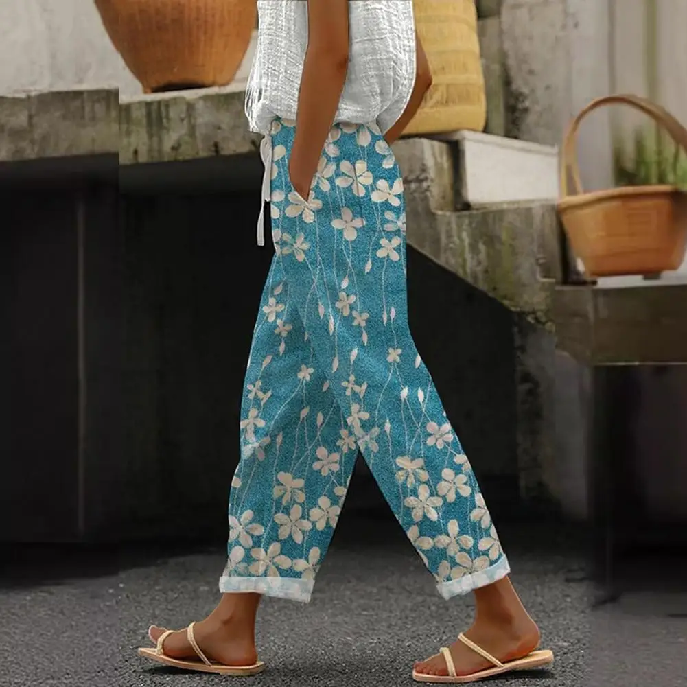 Women Casual Pants Elastic Waist Drawstring Harem Pants Digital Floral Print Beach Office Shopping Daily Long Trousers