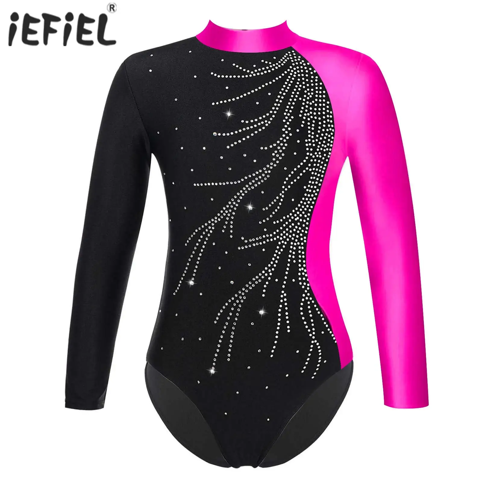 

Kids Girls Gymnatics Ballet Dance Costume Dancewear Long Sleeve Shiny Faux Diamonds Adorned Leotard Figure Ice Skating Jumpsuit