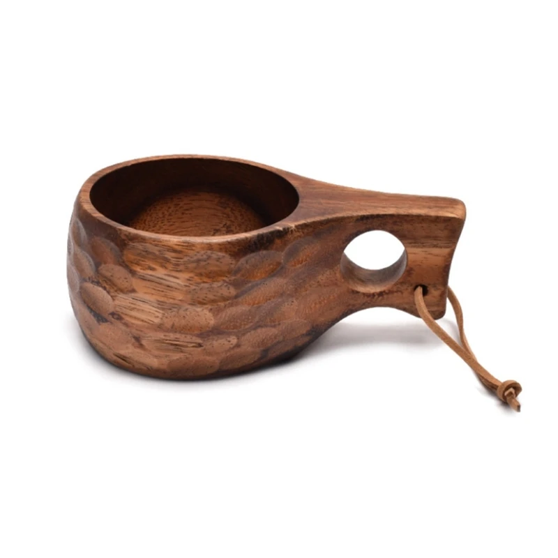 Kuksa 휴대용 커피 머그잔, 아카시아 나무 손잡이, 소가죽 로프 후크, 주스 우유 컵, 커피 마시는 컵, 음료용기