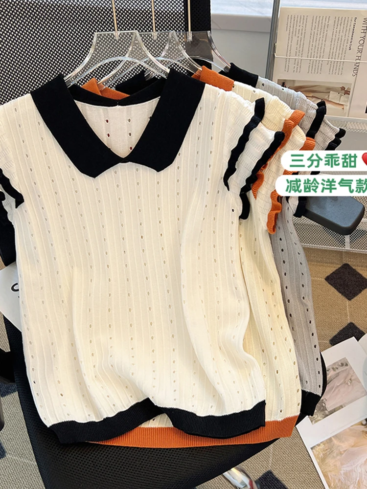 

Wave edge contrast color short sleeved knit shirt for women's summer new style lapel thin short top