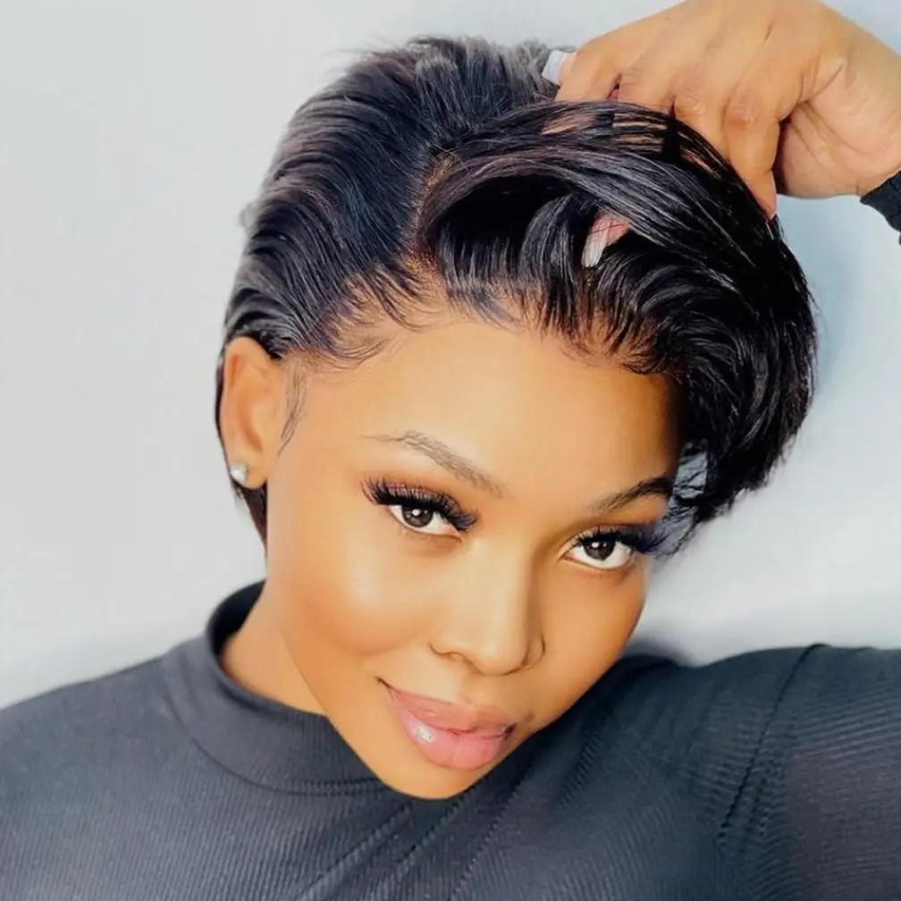Black Pixie Cut Wigs for Black Women 13x4x1 T Lace Front Human Hair PrePlucked with Bady Hair Short Bob Wig Transparent Wig
