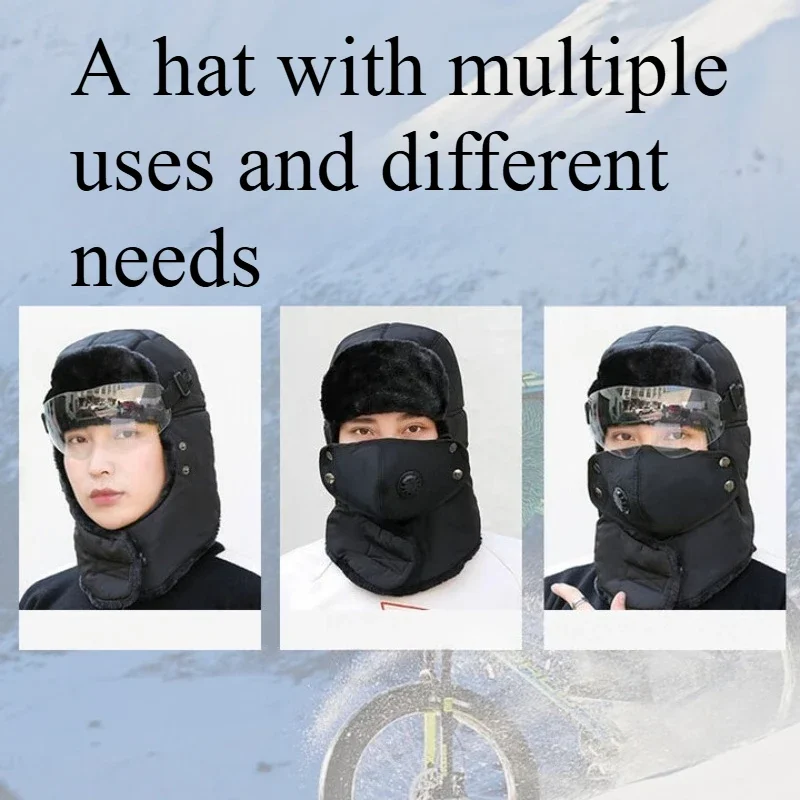 Trapper Hat Winter Skiing Cap Women Men Windproof Winter Earflap Hat Outdoor Warm Thermal Trapper Hat with Goggles Scarf for
