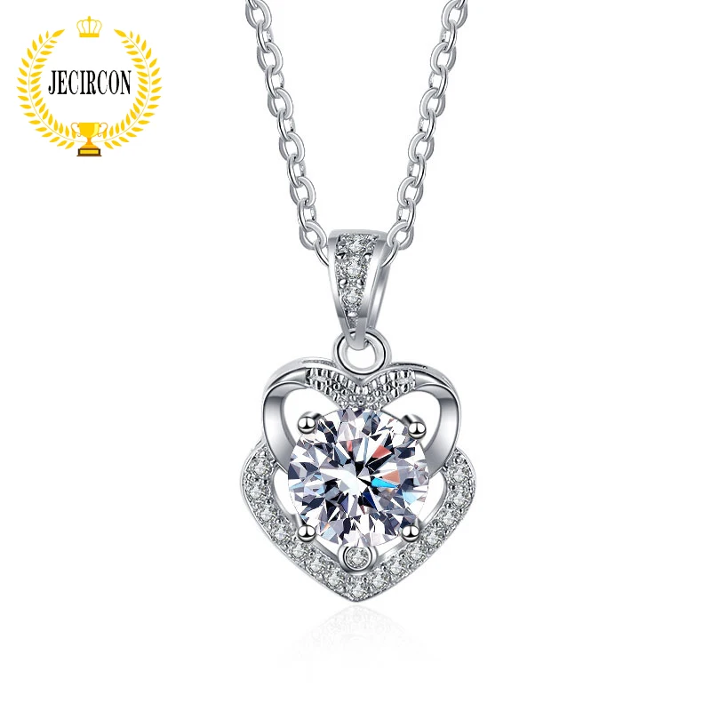 

JECIRCON 1 Carat Moissanite Necklace for Women Korean Double Heart-shaped Pendant 925 Sterling Silver Cute Girl Clavicle Chain