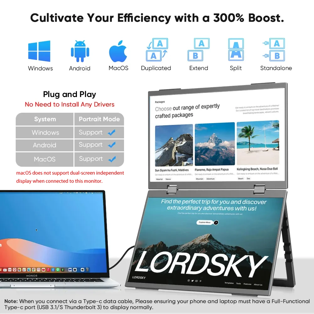 AHXJKA 15.6인치 듀얼 휴대용 모니터 1080P FHD IPS 노트북 화면 확장기 접이식 스택형 듀얼 모니터 (윈도우, 맥 노트북, PC용)