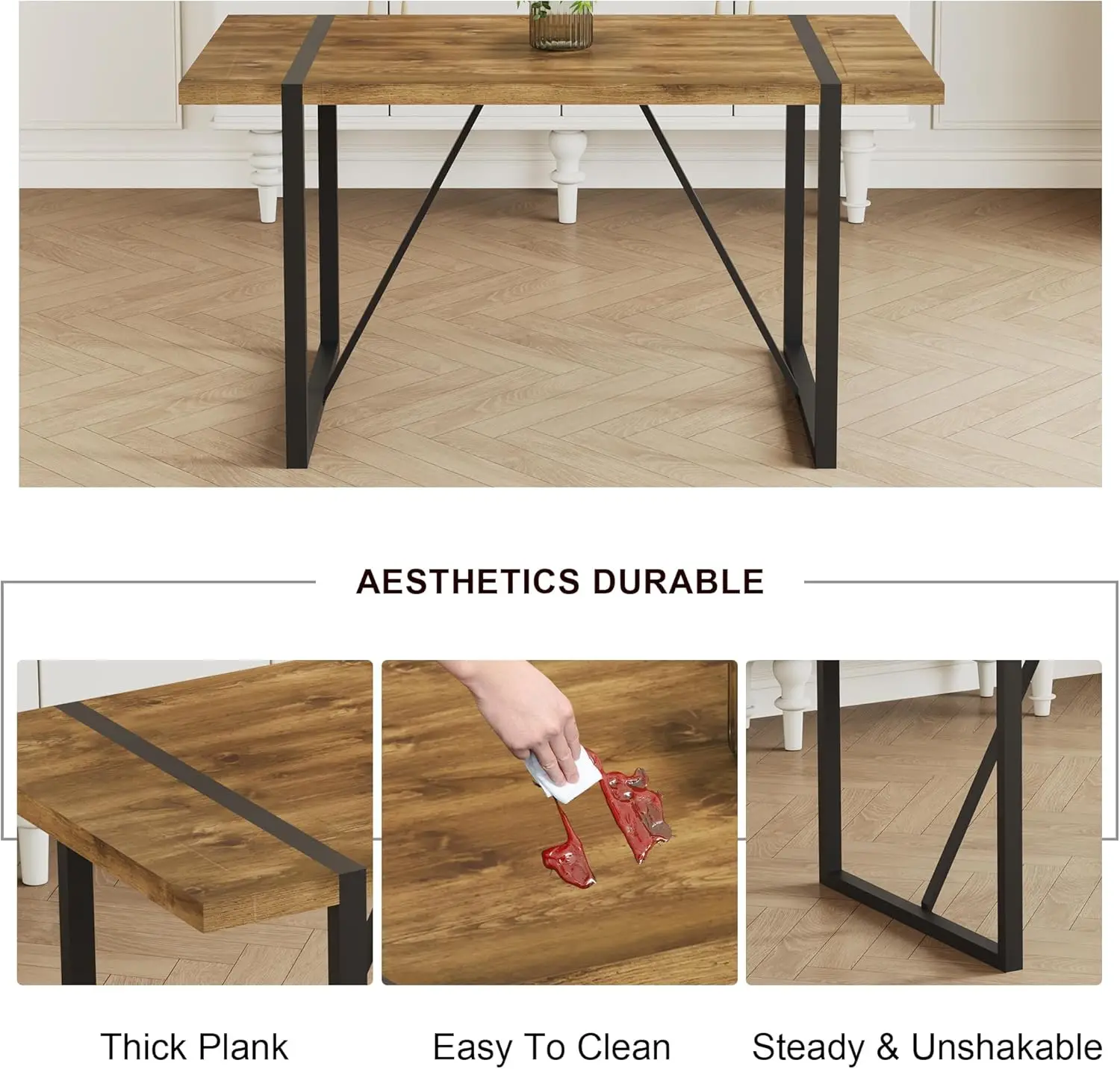 Description Picture 6 of itemPiece Dining Room Table Set for 4 People, Mid Century Modern 55 Inch Rectangle Wood Kitchen Dining Table with 4 Fabric Chairs