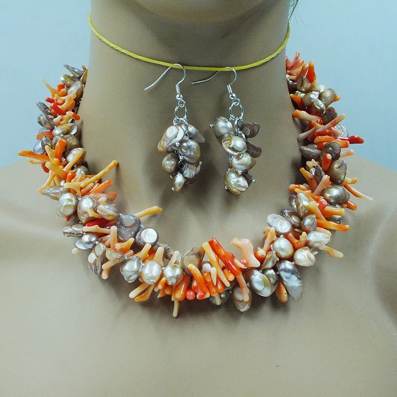 

3 shares Natural Brown Freshwater Baroque Pearl/Coral Necklace Women's large party jewelry 50CM