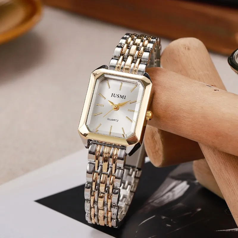 Square women's dual color alloy watch strap with steel strap and quartz watch