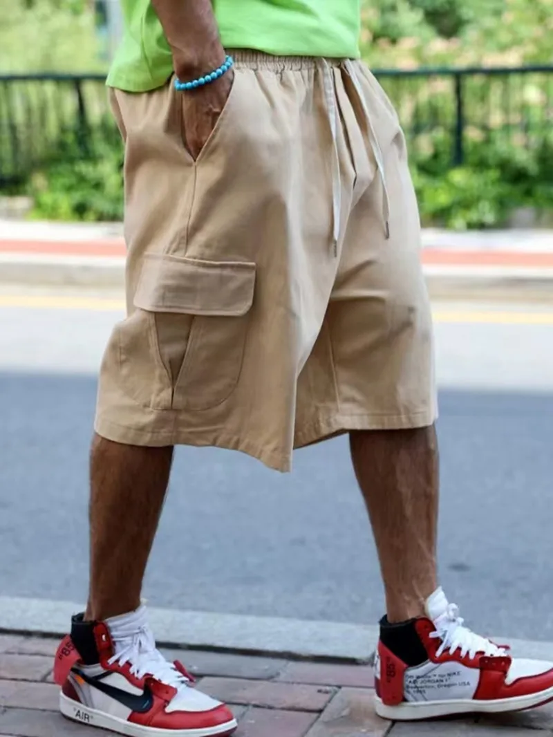 Solid color cargo shorts multi-pocket men's summer baggy straight size simple casual sports pants