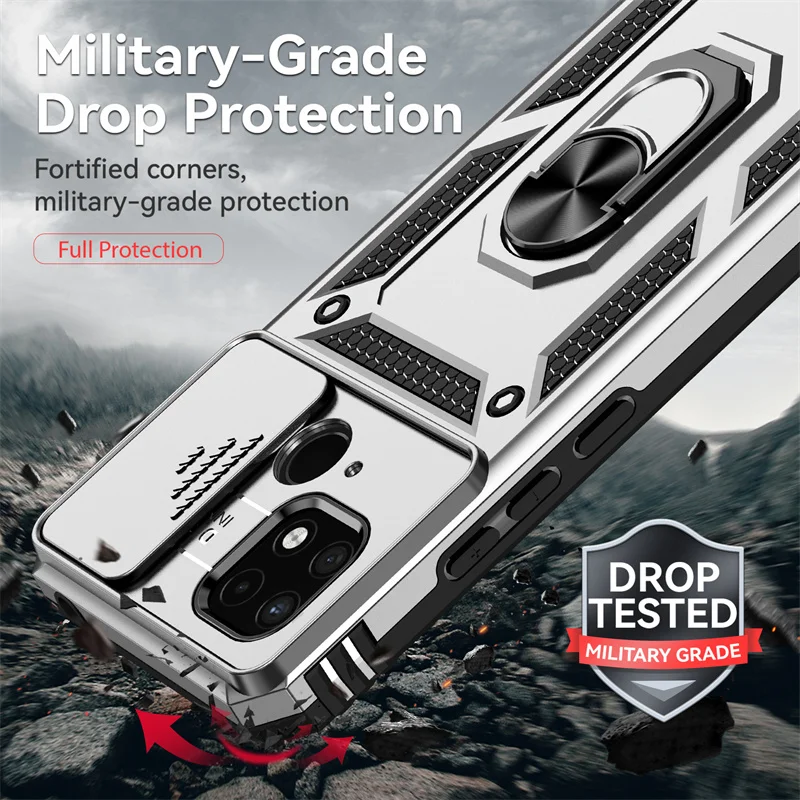 Durable Armor Phone Case with Slide Window Lens Protector and Magnetic Holder Ring for Xiaomi Redmi 10C and Poco C40