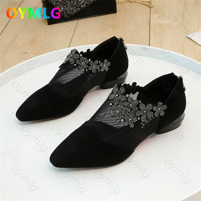 Women Sandals Women Flats Women High Heels Comfortable Sandals Mesh Hollow Flat-heeled Baotou Rhinestone Large Size Summer
