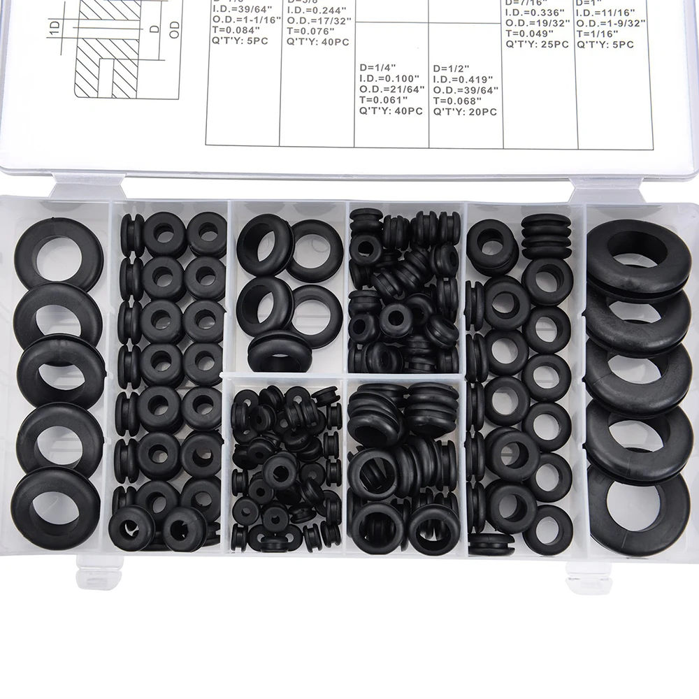 180 Piece Rubber Grommet Kit Rubber Grommets for Various Size Wiring-Grommet Tool Kit for Automotive and Wire, Pipe rubber grommets ring