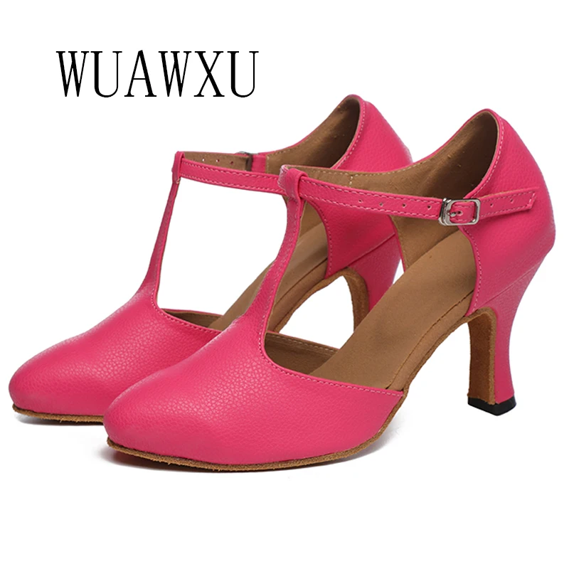 NATASHA Dance Shoes Women Adult Genuine Leather White/Rose 8CM Medium High Heels Indoor Soft Sole Square Dance National Standard