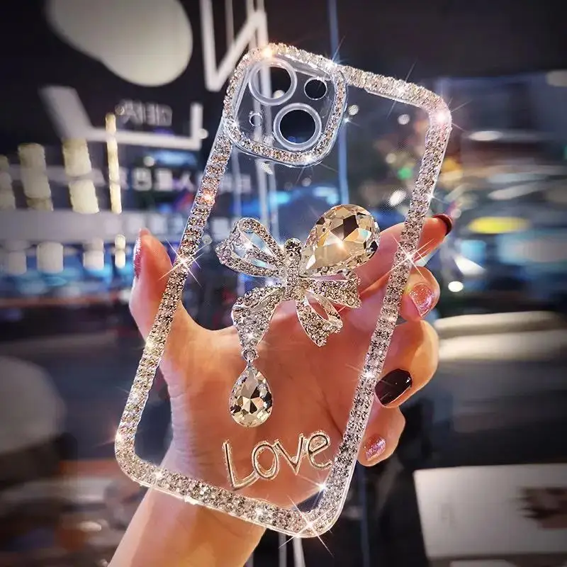 Transparent Cute Love Bow Phone Case with Bling Diamond Accents - Shockproof Clear Back Cover