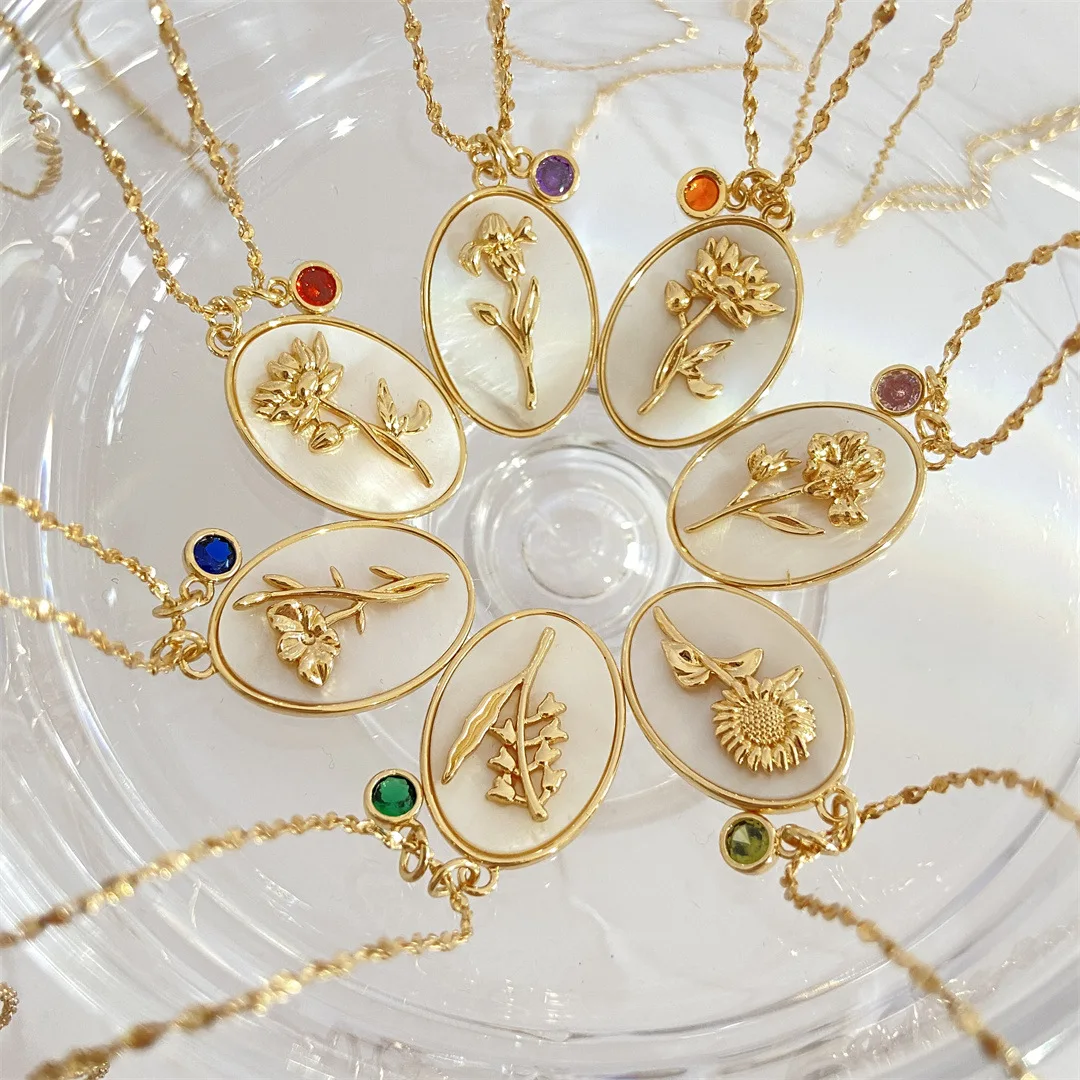 

5Ps/Lot High Quality Birthstone Natural Mather Pearl Shell 12Months Flowers Oval Pendant Retro Style Necklace For Women