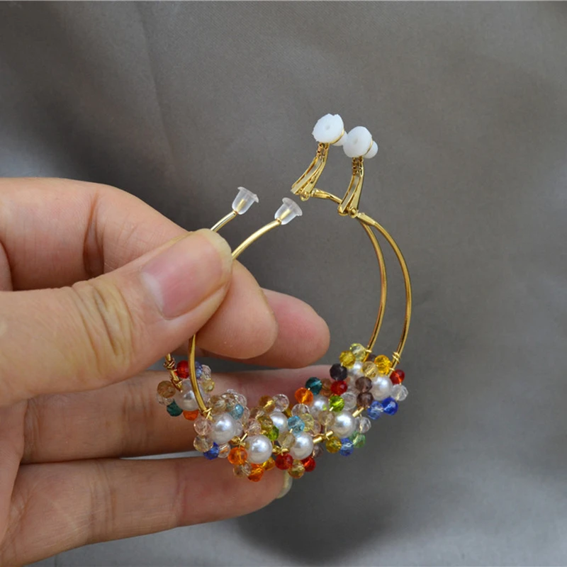 Ladies Earring Big Circle Colorful Beaded Round Clip On Ear Without Piercing Non Pierced Fashion Jewelry Hoop Earrings for Women