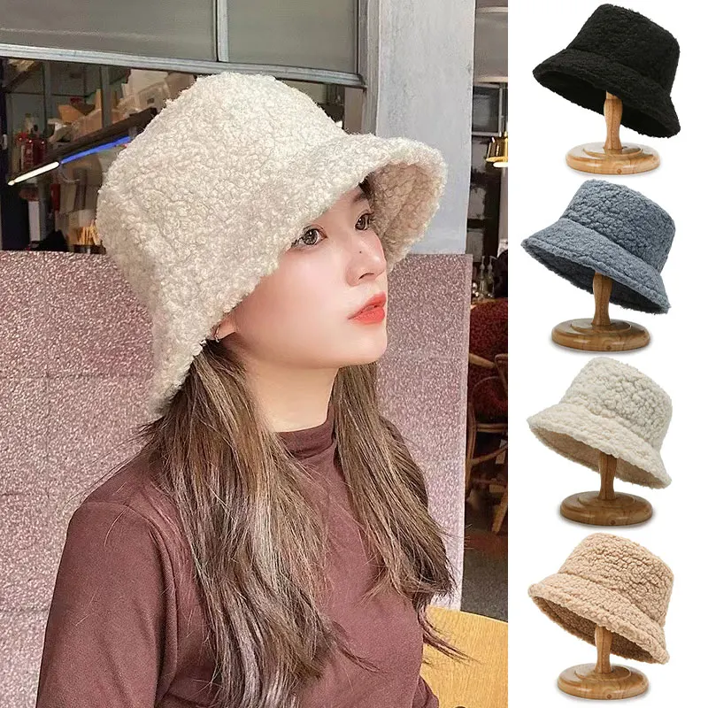 Unisex Harajuku Bucket Hat Solid Men Fishing Fisherman Hat Autumn Winter Lamb Wool Outdoor Warm Panama Cap For Women 1