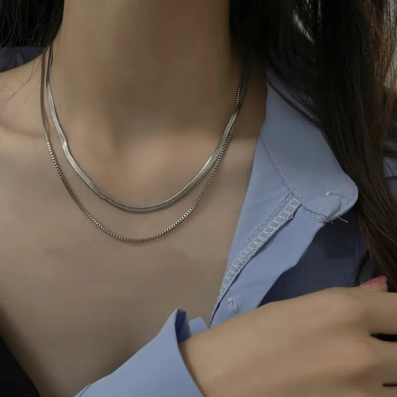 New Vintage Double Layer Snake Chain Box Choker Necklace For Women 2022 Fashion Gold Silver Color Female Jewelry | Украшения и