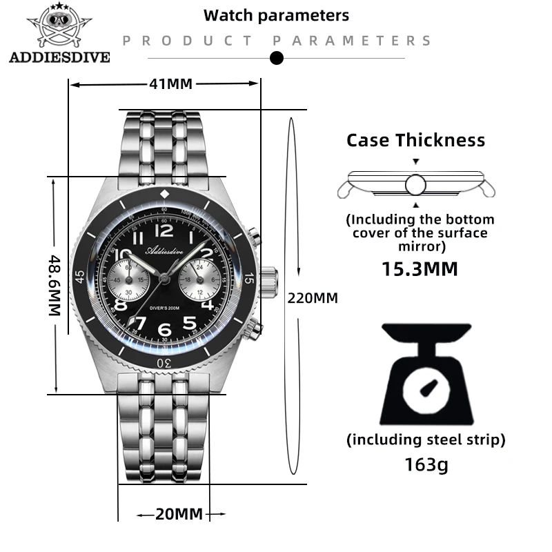 ADDIESDIVE 41mm AD2034 Men's Watch Blue Luminous Bubble Mirror Sapphire Two Eye Multifunctional Chronograph Quartz Diver Watch