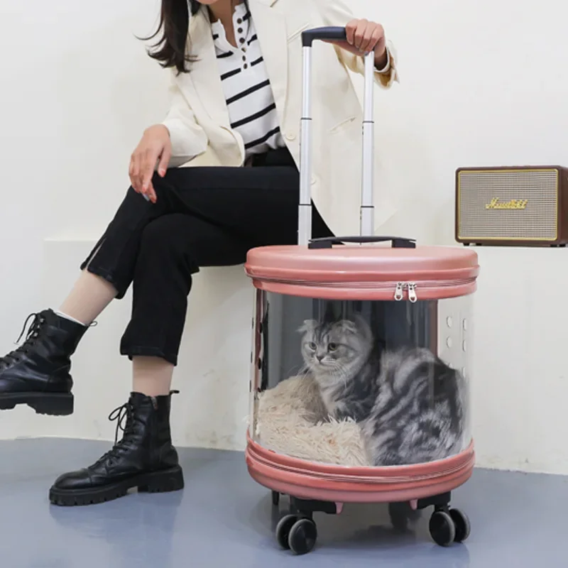 Pet Cat Cart Dog Portable Travel Rolling Luggage Backpack Dog Carrier Carry Travel Clear Capsule Bag