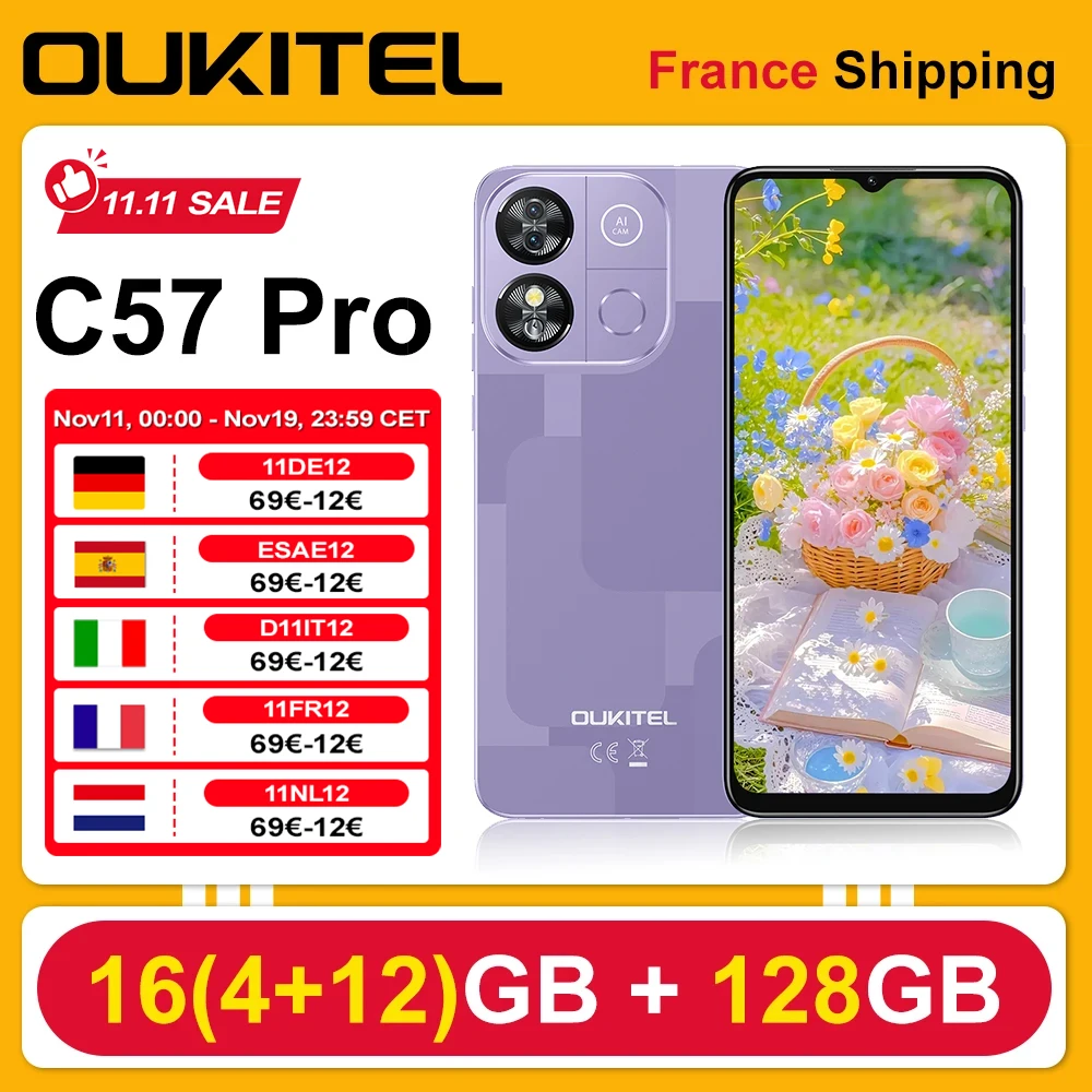 OUKITEL C57 Pro Android 14 Smartphone 16GB (4 + 12) RAM 128GB ROM 4300mAh 4G 6.52 ''HD + 13MP GPS Double SIM téléphone portable
