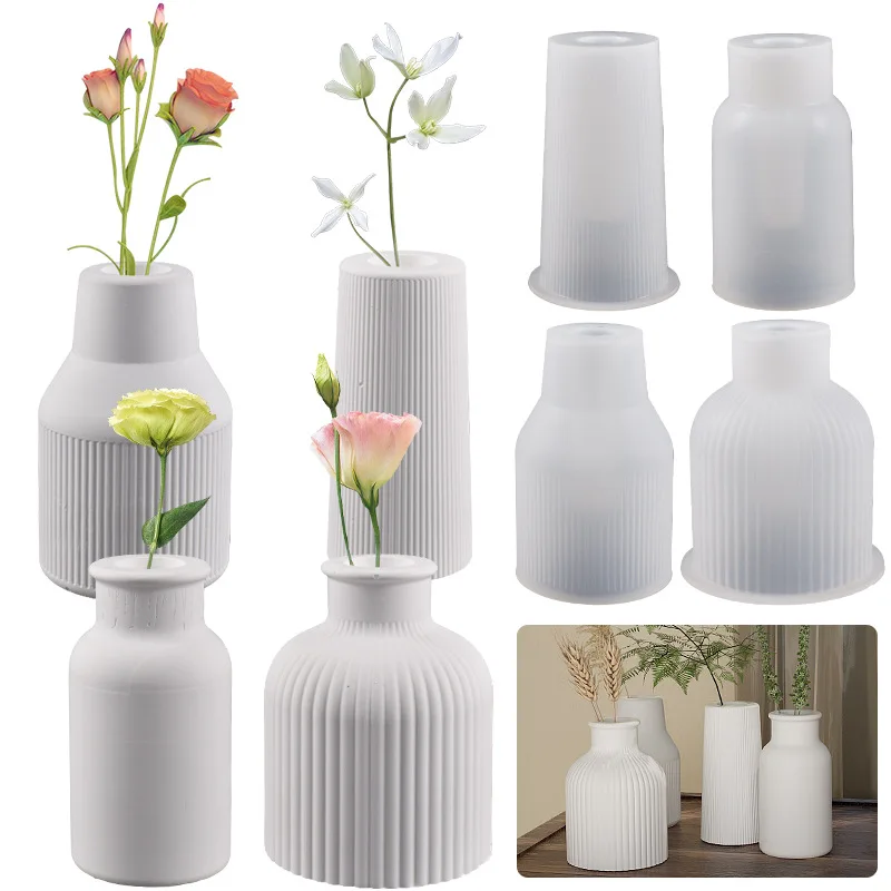 DIY Striped Vase Silicone Mold 3D Vase Silicone Mold for Concrete Mold of Gypsum Plantation DIY Decoration plaster round candle siliocne mold diy handmade concrete epoxy resin candle holder ornaments tray molds home decoration