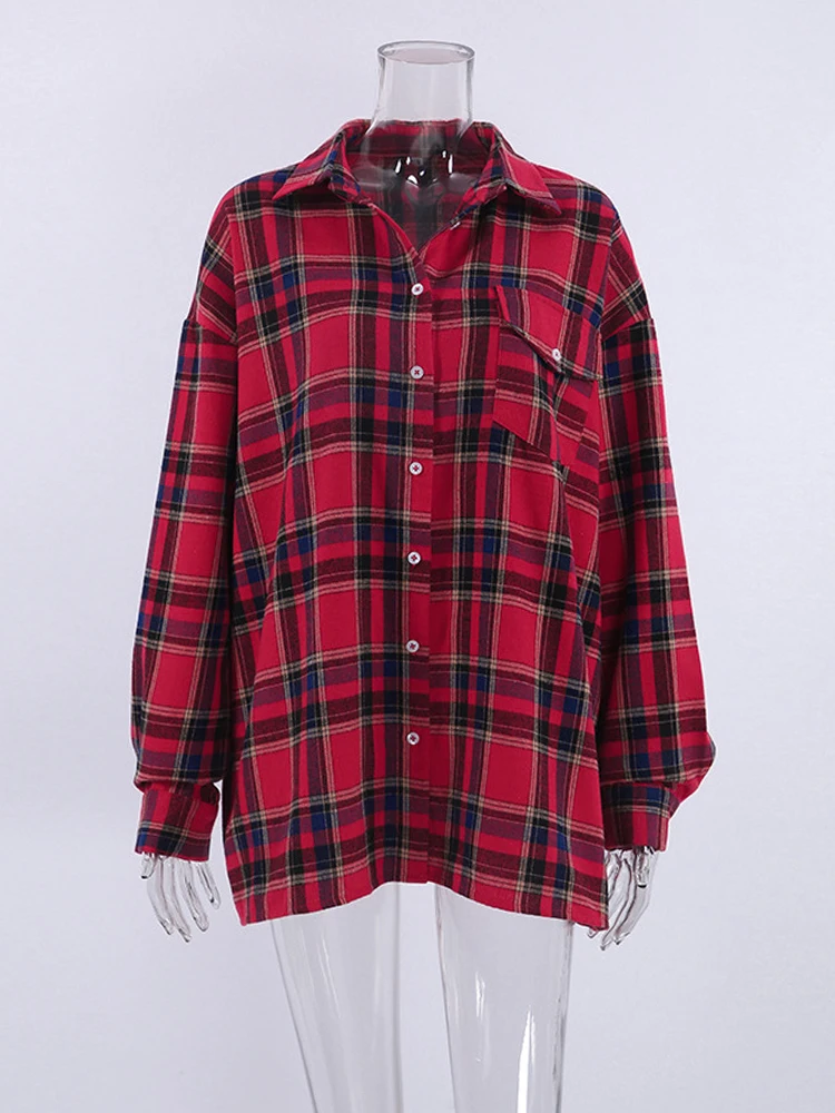 Camicia A Quadri Donna Cotone | Blusa Maniche Lunghe Modello Boyfriend | Casual Chic Con Tasca Per Autunno E Primavera