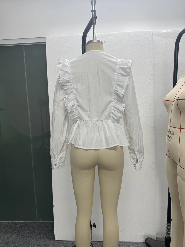 Übergröße 2026 Herbst Neuheiten Damen Casual Einfarbiges Spitzenbesetztes Rüschen-Langarm-Oberteil Modisch und Elegant – Detail 26