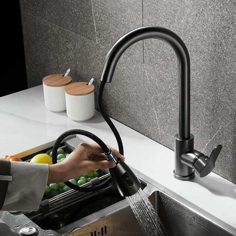 Kitchen Pull Out Faucet with 2 Function Sprayer Stainless Steel Single Handle Water Tap Hot Cold Water Mixer 360 Degree Rotation