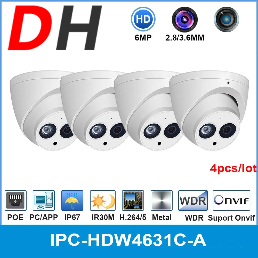 4Pcs Dahua 6MP IPC-HDW4631C-A Built-in Mic Dome IP IR POE Security Camera H.265 