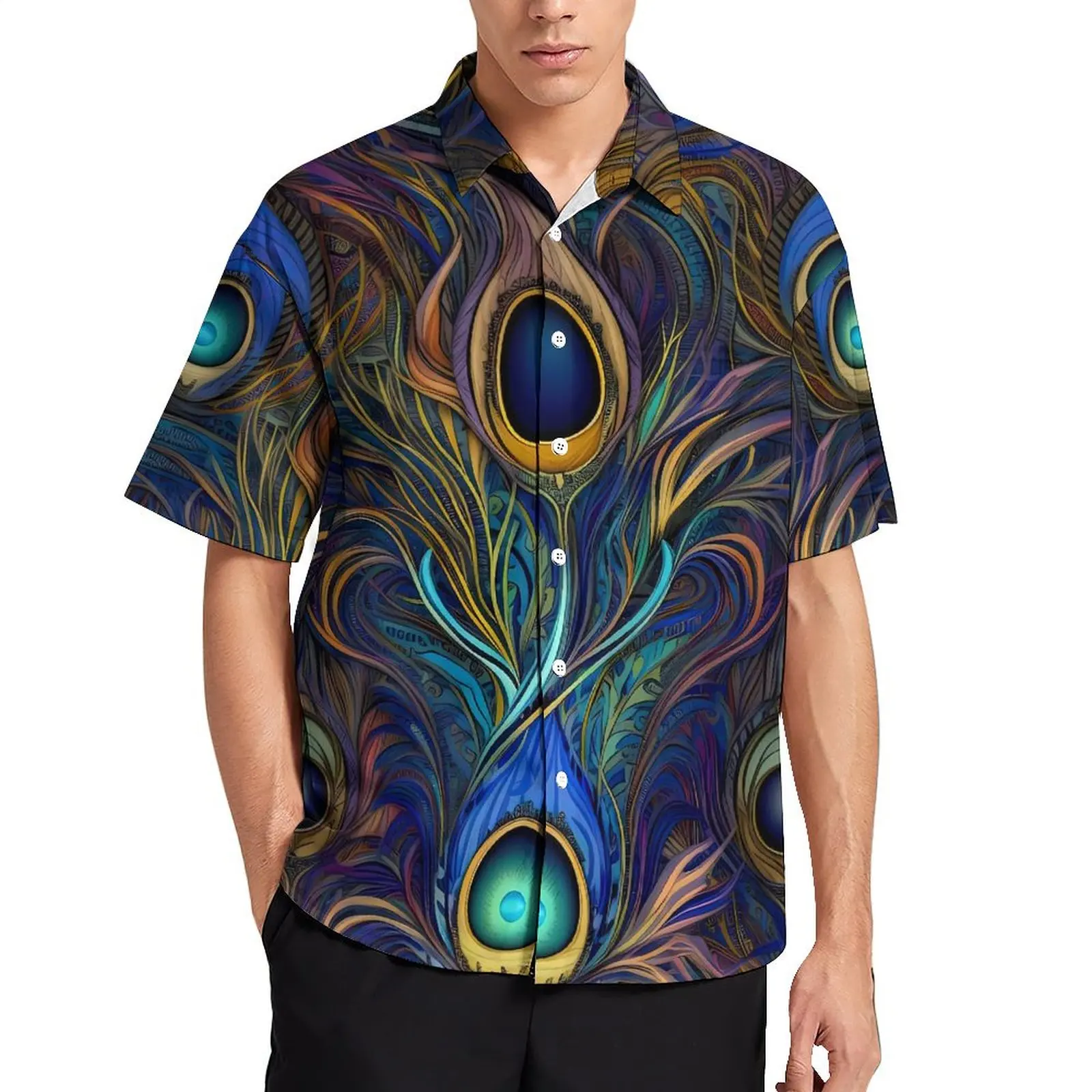 

Unique Peacock Feather Beach Shirt Colorful Print Hawaiian Casual Shirts Men Novelty Blouses Short Sleeve Y2K Street Clothing