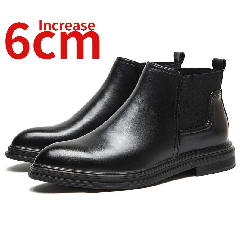 

Chelsea Boots for Men High Top Cotton Shoes Increased 6cm Black Leather Boots Elevated Short Plush Warm Motorcycle Boots Men's