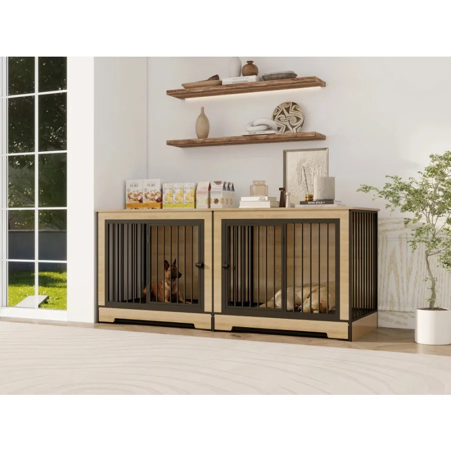XL Large Double Dog Cage Furniture with Tray Wooden Pet Kennel for Medium Large Dogs