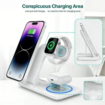 30W LED Fast Wireless Charger Stand 3 In 1 Foldable Charging Station,For IPhone/Apple Watch 9 8 7 6 5/Airpods Pro 2