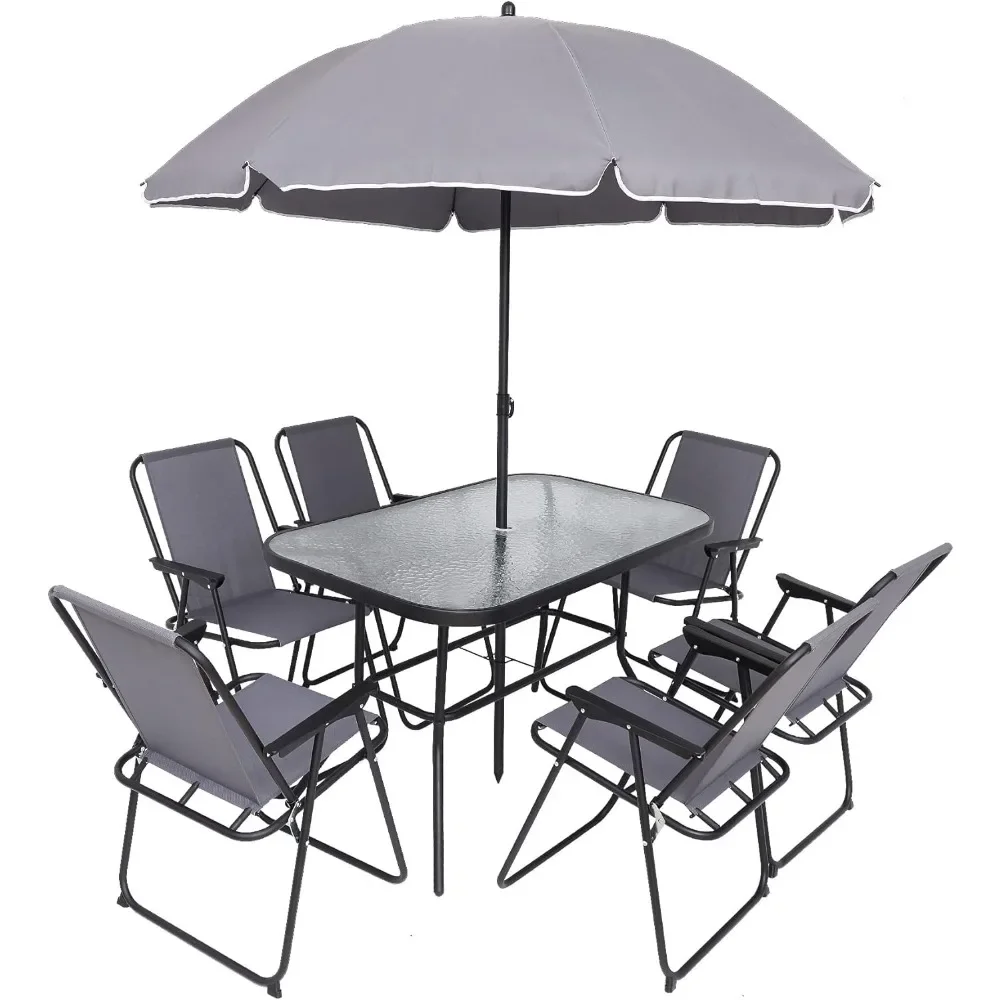 

Patio Furniture Set Garden Outdoor Furniture Table Set With Tilted Removable Umbrella and 6 Folding Chairs Outdoor Dining Sets