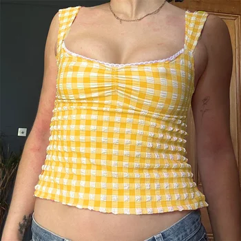 Xingqing y2k Summer Tops for Women Sweet Clothing Plaid Print Lace Trim Sleeveless T Shirts Vest 2000s Clothing Streetwear 1