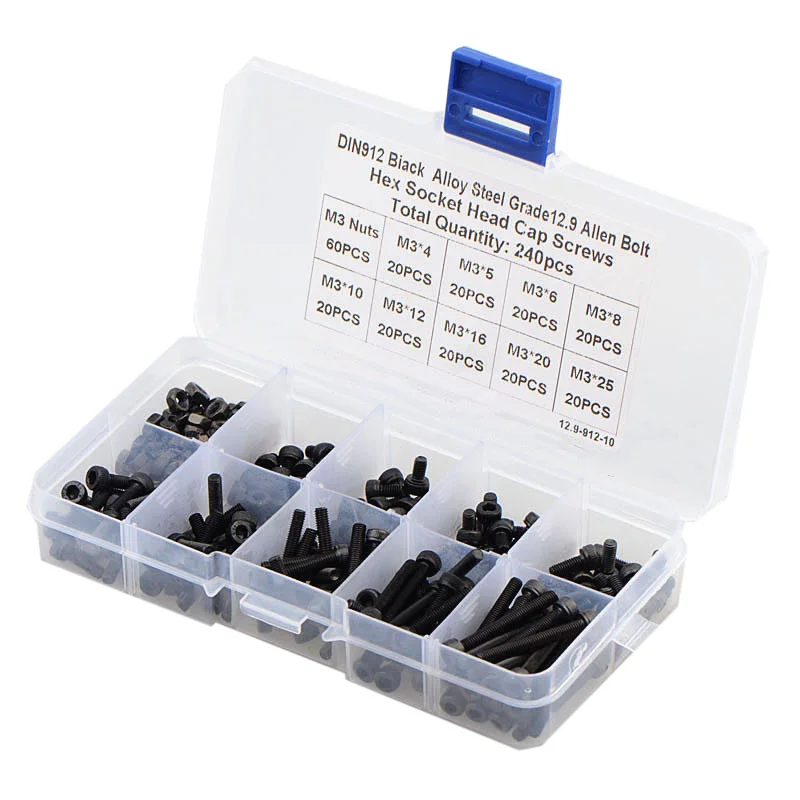 240pcs M3 검정색 고강도 육각형 육각 소켓 캡 헤드 나사 키트 너트 조합 세트가있는 12.9 등급 탄소강 알렌 나사