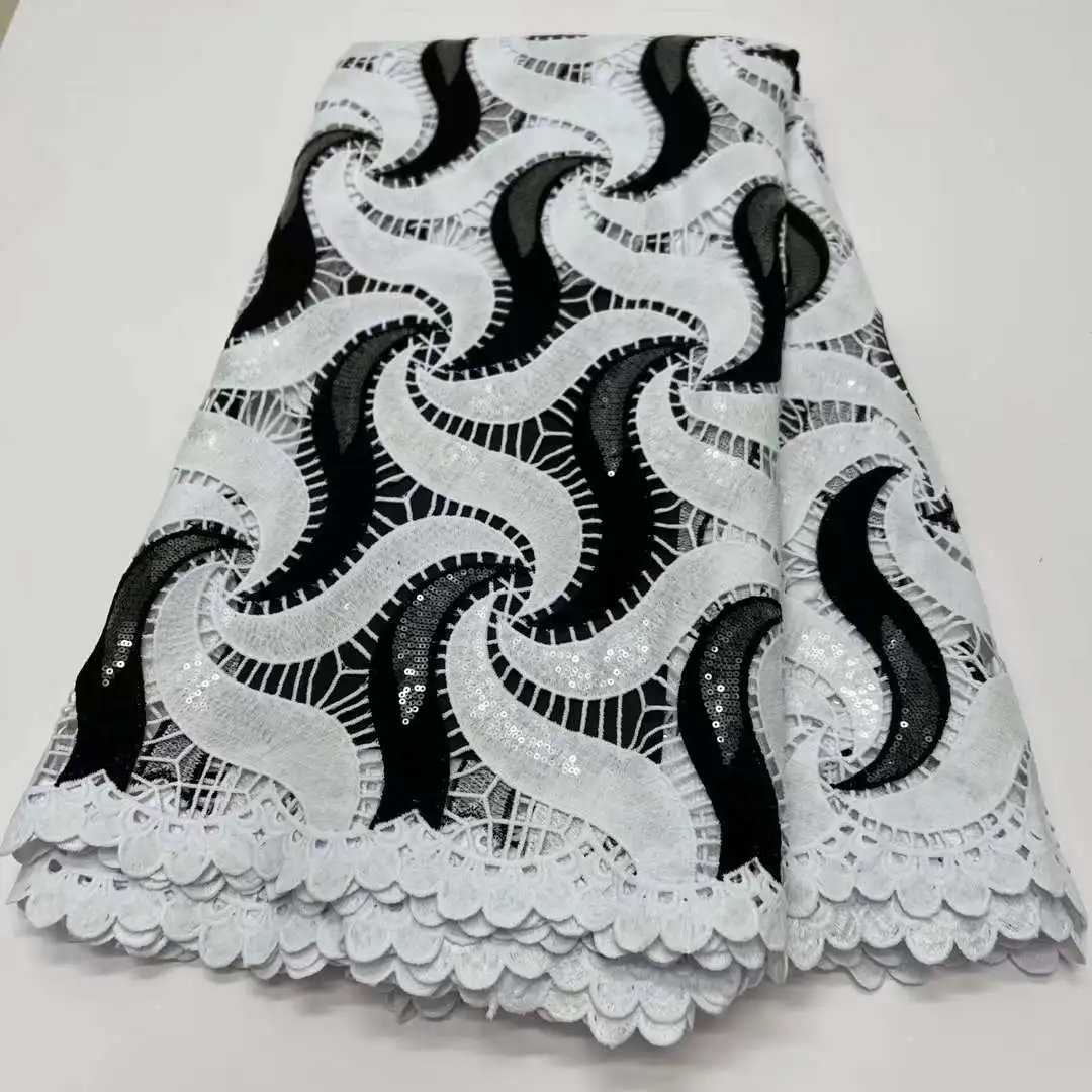 Luxury African Fabrics 3d Embroidery Guipir Sequins Lace For Women Wedding Dress 5Yards Water Soluble White Cotton Fabric