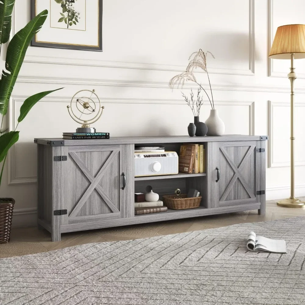 Modern Farmhouse TV Stand with Two Barn Doors and Storage Cabinets for Televisions up to 65 Inch Entertainment Center 3