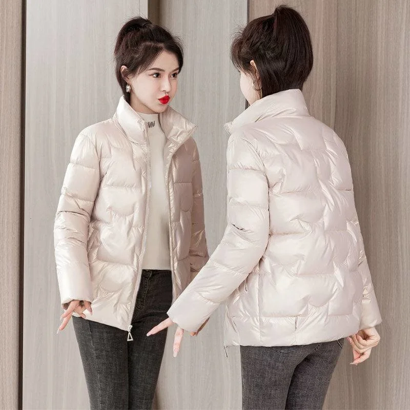 

2023 Spring and Autumn New Light and Thin Down Cotton Suit Women's Short Bright Face Wash Free Standing Collar Korean Cotton